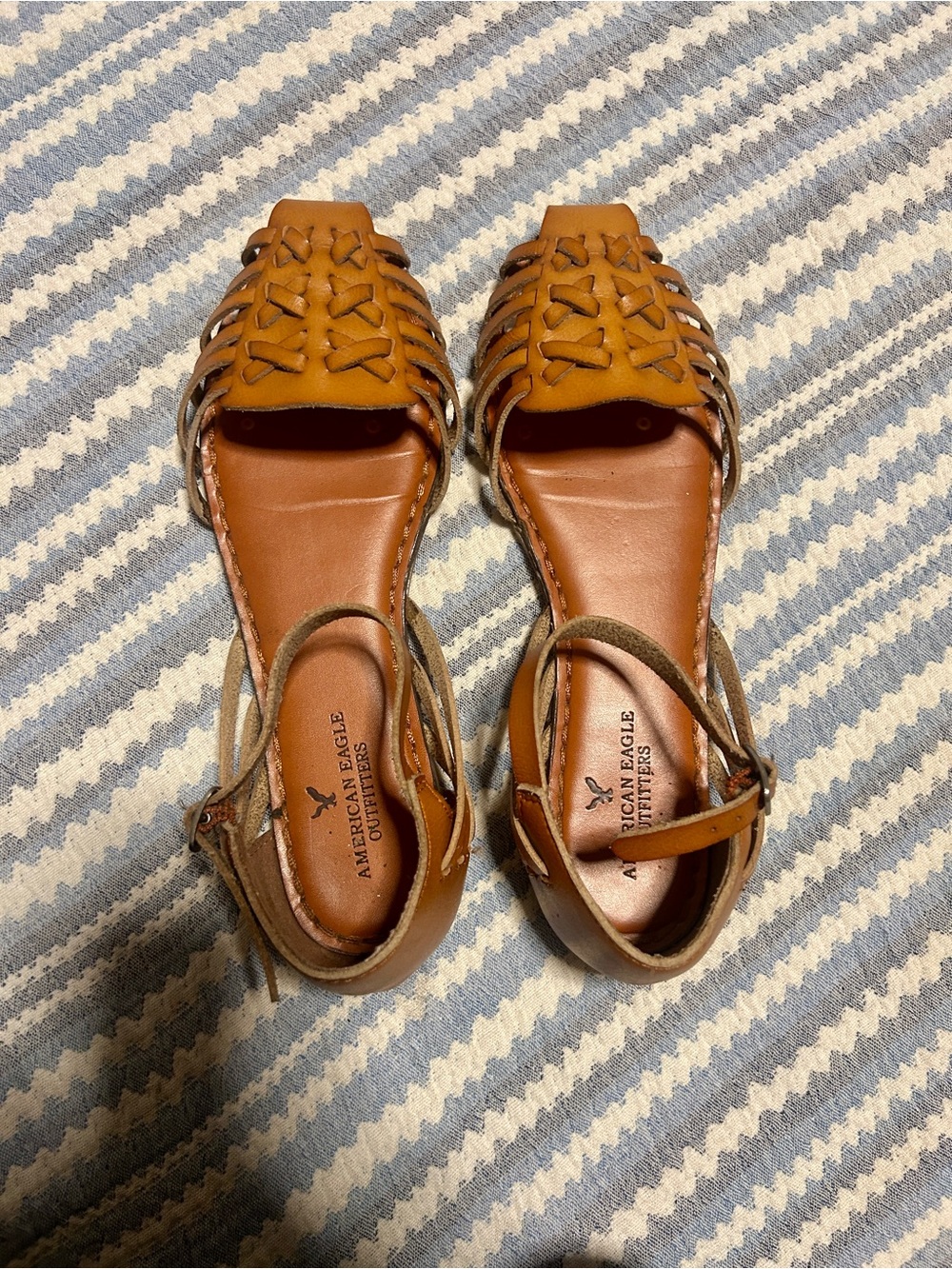 AE Woven Leather Ankle Tie Sandals • Cognac • Women’s 9 • American Eagle